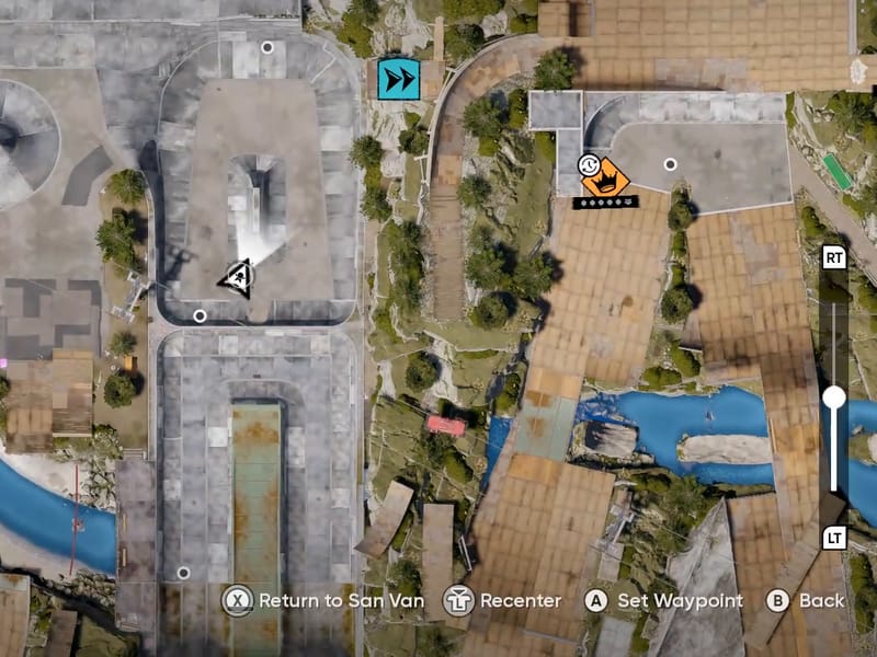 The pause map in skate., with the skater’s arrow and the “Set Waypoint” button along the bottom.